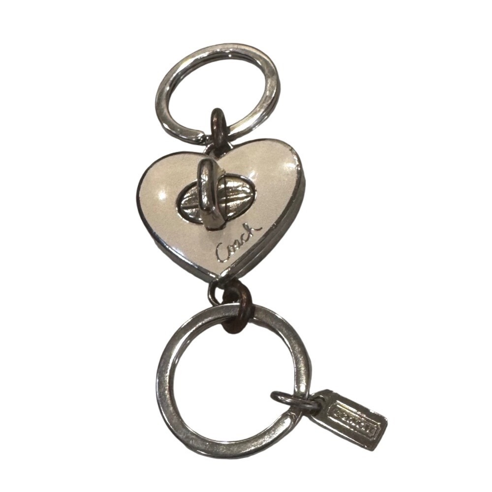 Coach Heart Turnlock Locket Keychain Silver Ivory Enamel Bag Charm Dual Ring HTF